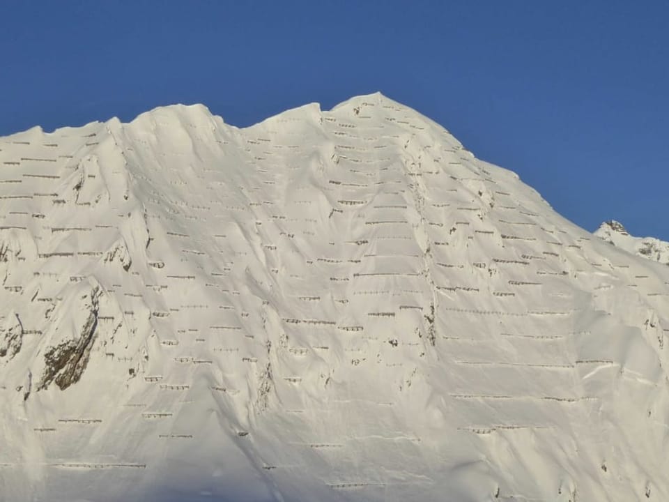 Snow-capped mountain with avalanche barriers.