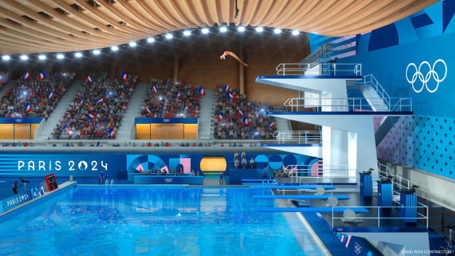 The visual identity of the Paris 2024 Olympic and Paralympic Games imagined for the future aquatic center.