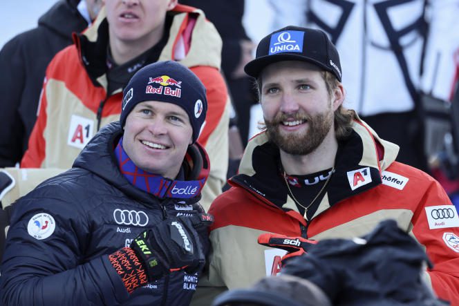 Alexis Pinturault (left), and the Austrian Marco Schwarz, Tuesday February 7, 2023, in Courchevel (Savoie), after the combined of the World Championships. 