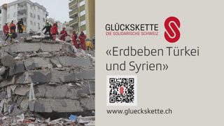 Collage with a reference to Swiss Solidarity's fundraising campaign.  On the left a picture of a collapsed building.