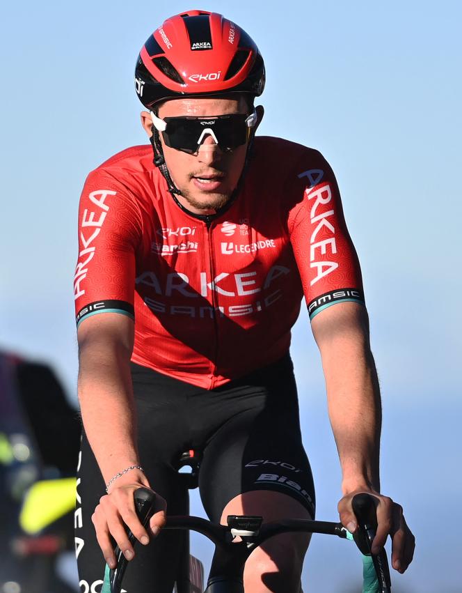 Kevin Vauquelin, from the Arkea Samsic team, at the finish of the fourth stage of the Étoile de Bessèges-Tour du Gard, at Mont Bouquet (Gard), February 4, 2023.