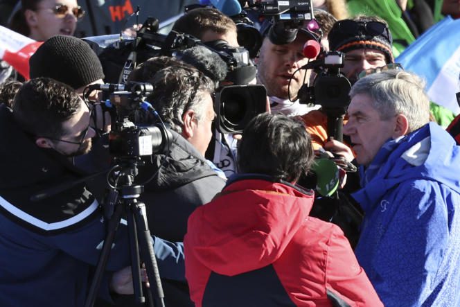 IOC President Thomas Bach responds to the media on Sunday February 12 in Courchevel, during the Alpine Skiing World Championships.