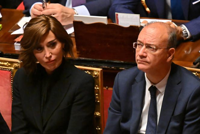 Italian Education Minister Giuseppe Valditara with University Minister Anna Maria Bernini during the Meloni government's vote of confidence in the Senate in Rome on October 26, 2022.