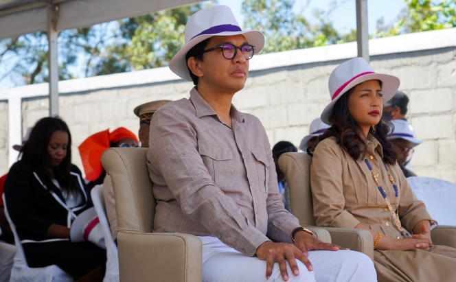 Malagasy President Andry Rajoelina and his wife attend the inauguration of a Nutriset food supplement production unit in Fort-Dauphin, in the south of the island, in October 2021.