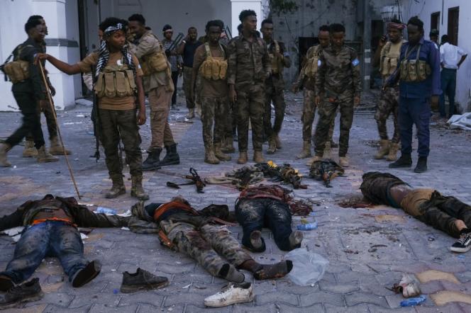 In Mogadishu, after the attack on the town hall, the lifeless bodies of Chabab insurgents killed by the Somali soldiers, on January 22, 2023.
