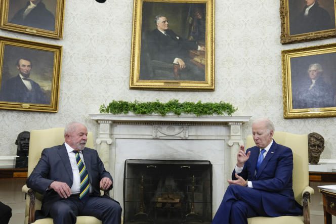 Brazilian President Lula speaks with Joe Biden at the White House in Washington on February 11, 2023.
