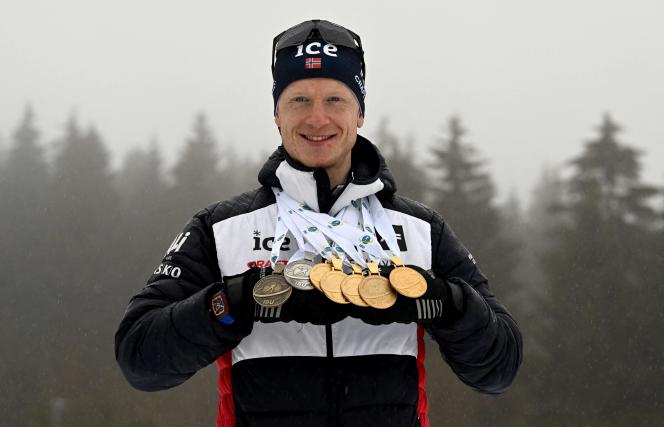 Johannes Boe and his medal collection, after his 3rd place in the mass start, Sunday February 19, in Oberhof, Germany. 