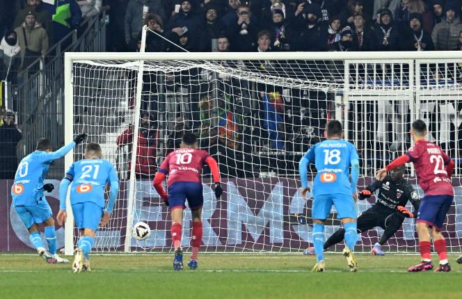 OM striker Alexis Sanchez scores a goal against Clermont, at the Gabriel-Montpied stadium in Clermont-Ferrand, February 11, 2023.