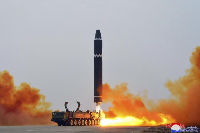 This photo provided by the North Korean government shows what it calls a test launch of an Hwasong-15 intercontinental ballistic missile at Pyongyang International Airport on February 18, 2023.