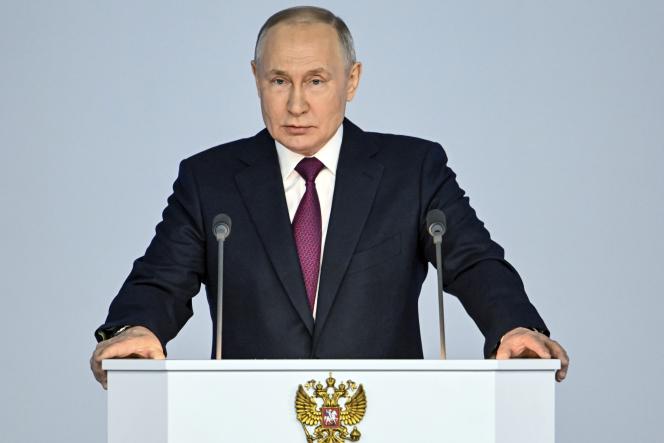 Vladimir Putin during his State of the Nation address in Moscow on February 21, 2023.