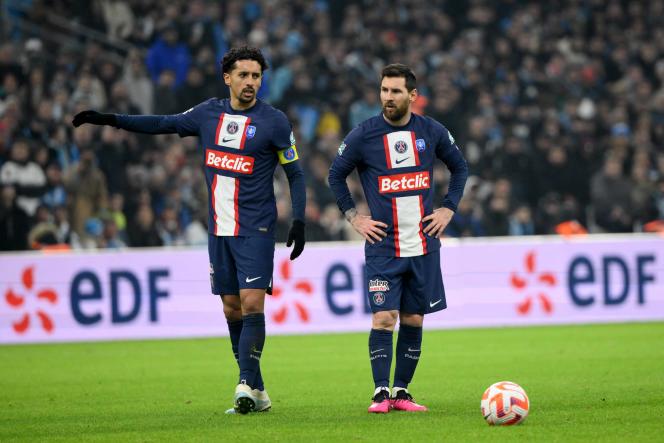 PSG players Marquinhos and Lionel Messi during the Coupe de France match between Olympique de Marseille and Paris Saint-Germain at the Stade Vélodrome, in Marseille, on February 8, 2023. 