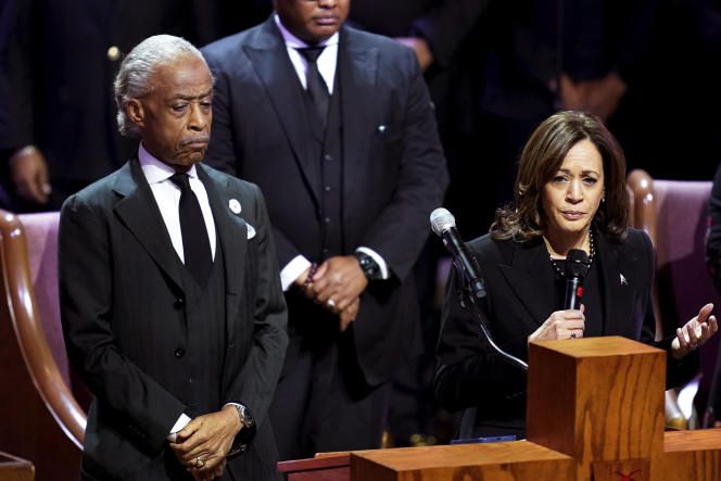 Reverend Al Sharpton and Vice President Kamala Harris during the funeral service for Tire Nichols at the Mississippi Boulevard Christian Church in Memphis, Tennessee on February 1, 2023.
