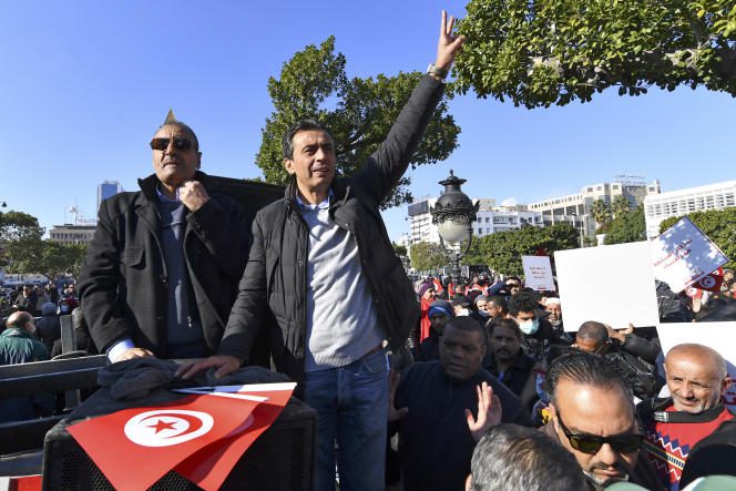 Opponent Jawhar Ben Mbarek during a demonstration against President Kaïs Saïed's coup, in Tunis, December 17, 2021.