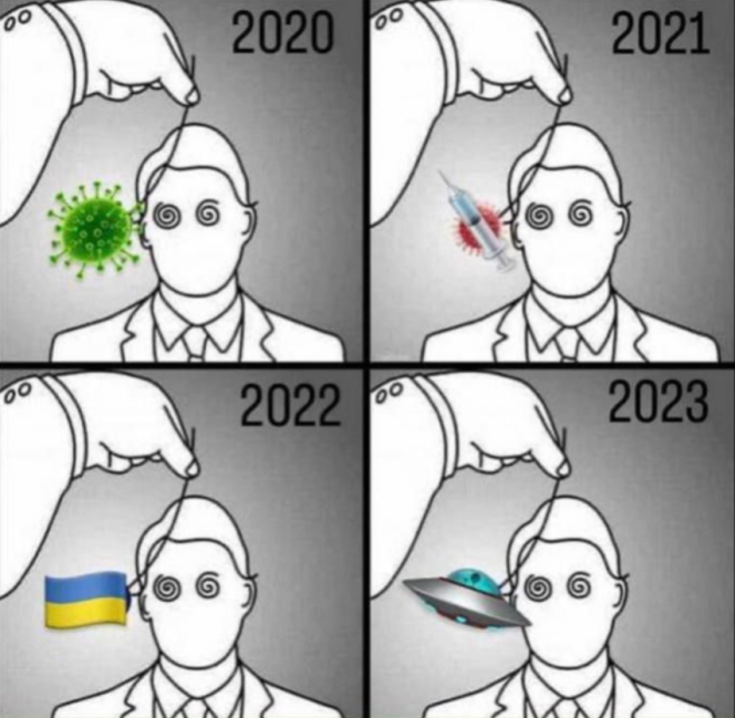 An image, much relayed in recent days, presents flying saucers as the new instrument of hypnosis for crowds, after SARS-CoV-2, mRNA vaccines and the war in Ukraine. 