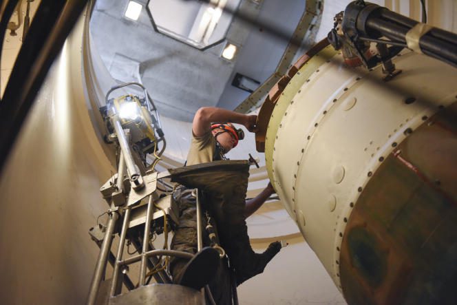 In this image provided by the U.S. Air Force, a technician prepares an intercontinental ballistic missile for a simulation, Sept. 22, 2020, at a launch facility near Malmstrom Air Force Base, Montana.