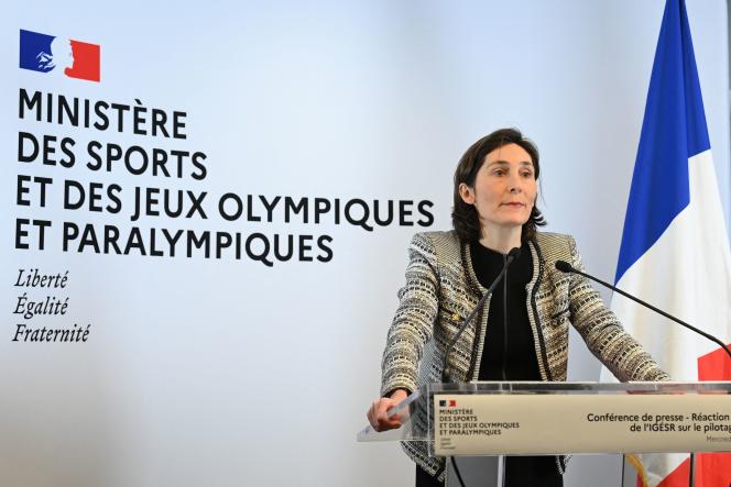 Sports Minister Amélie Oudéa-Castéra during a press conference in Paris on February 15, 2023. 
