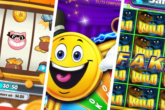 Promotional visuals of the free Android games “Coin Master”, “Jackpot Party Casino Slots” and “Cashman casino slot machines”.