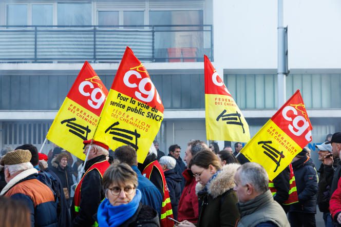 SNCF railway workers, CGT activists, during the second day of the strike against the pension reform, in Saint-Nazaire, January 31, 2023, 
