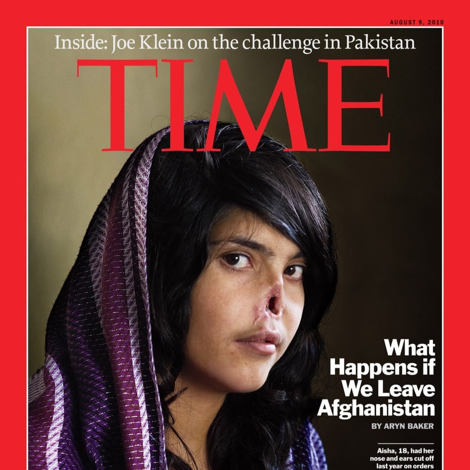 Front cover of Time magazine featuring Afghan woman without a nose.