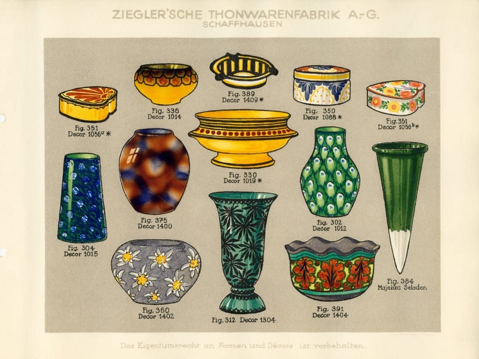 Watercolor catalog with a dozen colorful vases in various colors, shapes and patterns.