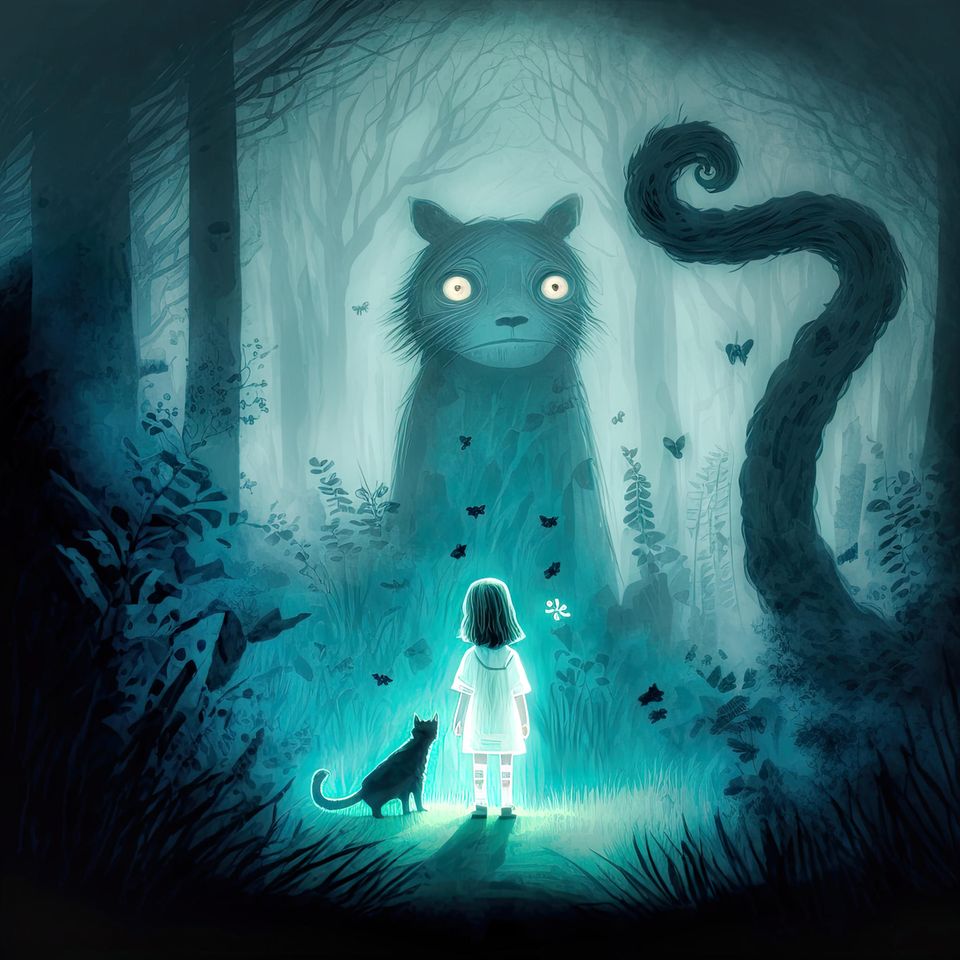 Fear of fear: kid in forest face monster