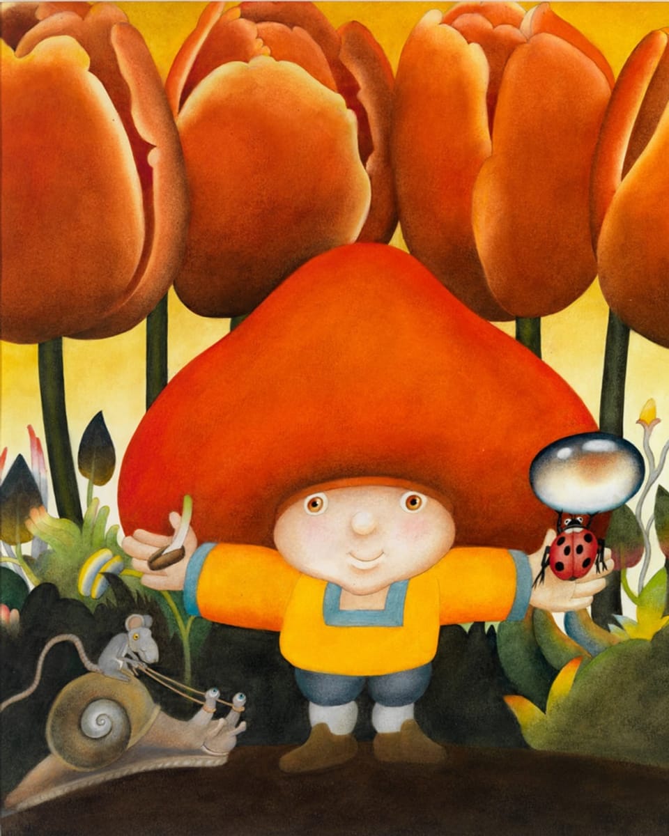 Drawing of a male with a big red hat and a yellow sweater, in front of huge tulips