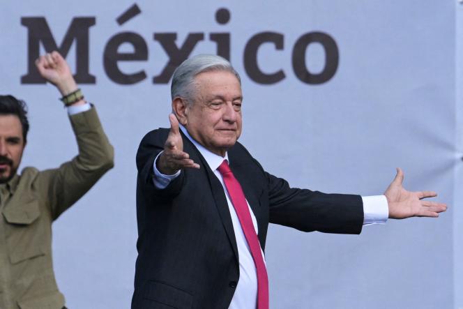 Mexican President Andres Manuel Lopez Obrador during a massive rally in Zocalo Square, Mexico City, March 18, 2023.  