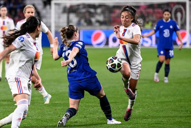 Lyon defender Selma Bacha faces Chelsea player Maren Mjelde in the Champions League quarter-final first leg lost 1-0 against Chelsea, at Groupama Stadium in Décines-Charpieu, near Lyon, on March 22, 2023.