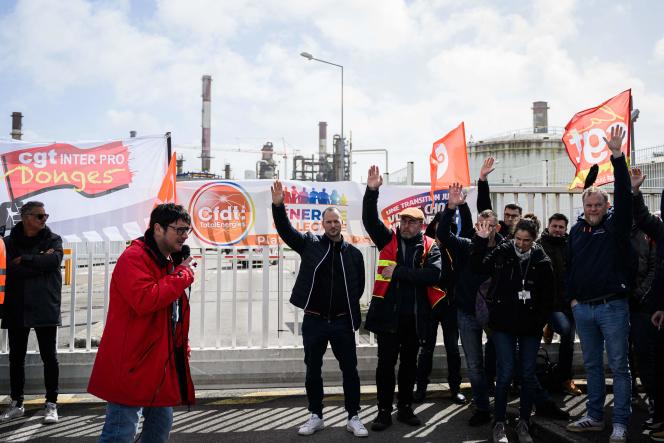 TotalEnergies workers vote to continue their strike after three of them received a requisition notice, at the Donges refinery, March 24, 2023.