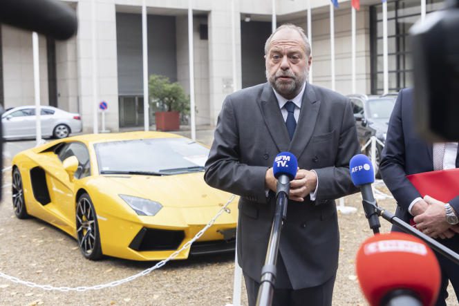 The Keeper of the Seals, Eric Dupond-Moretti, is taking part in the 10-year symposium of the Agency for the Management and Recovery of Seized and Confiscated Assets and presents the prestigious lots, such as this yellow Lamborghini, which will then be auctioned off.  In Paris, November 4, 2021.