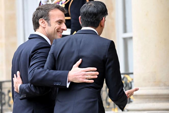President Emmanuel Macron (left) and British Prime Minister Rishi Sunak (right) during the 36th Franco-British summit at the Elysee Palace in Paris on March 10, 2023.