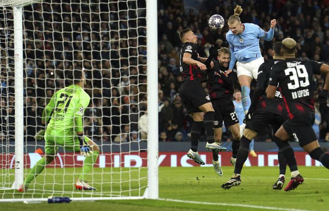 One of Erling Haaland's five goals in Manchester City's home win over Leipzig on March 14, 2023.