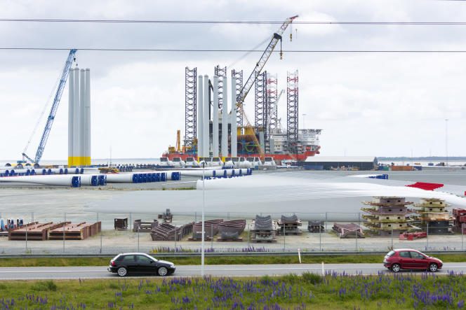 Wind turbines under construction in the port of Esbjerg (Denmark), June 16, 2015.