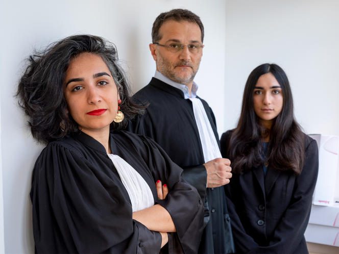 From left to right, lawyers Chirinne Ardakani and Hirbod Dehghani-Azar, and law student Mona Armande, members of the Iran Justice collective, in Paris, March 19, 2023.