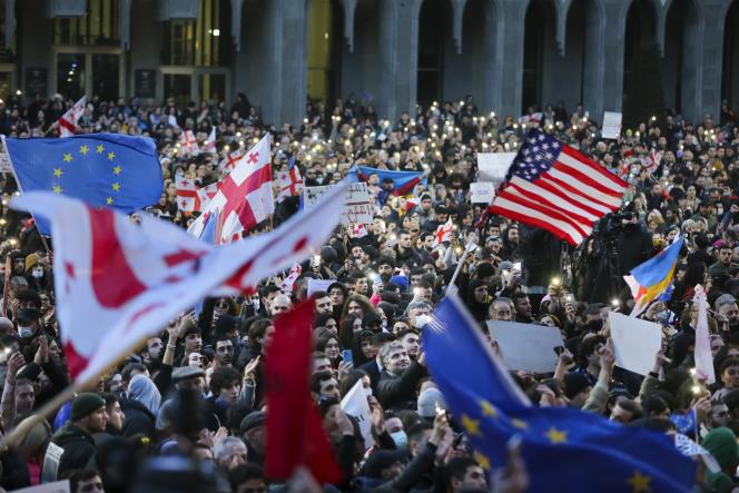 In the procession in Tbilisi, Georgia, against the adoption of the law targeting “foreign agents”, Wednesday March 8, 2023.