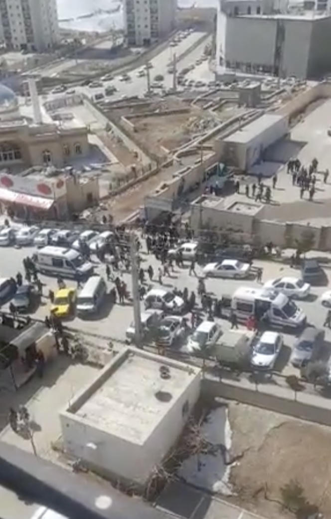 Screen capture from video showing ambulances transporting students from Sharak fardis girls' school, Tehran, Iran, February 28, 2023.  