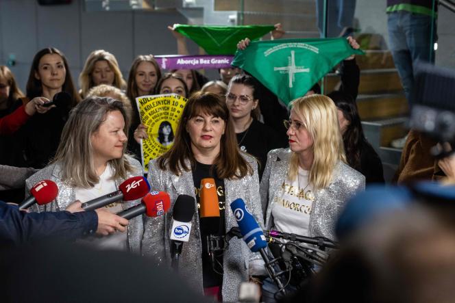 Pro-abortion activist Justyna Wydrzynska holds a press conference after being sentenced on Tuesday, March 14, 2023, for assistance with an abortion, in Warsaw. 