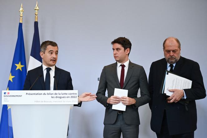 Interior Minister Gérald Darmanin (left), Public Accounts Minister Gabriel Attal (centre) and Justice Minister Eric Dupond-Moretti during a press conference on the fight against narcotics, at the Ministry of the Interior, on March 1, 2023.