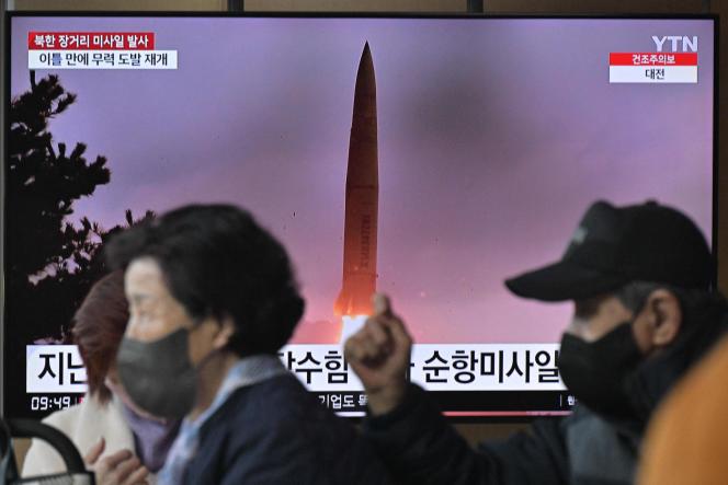 Television at a train station in Seoul showing the firing of a North Korean missile, March 16, 2023.
