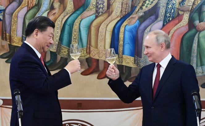 Russian President Vladimir Putin and his Chinese counterpart Xi Jinping at the Kremlin on March 21, 2023.  