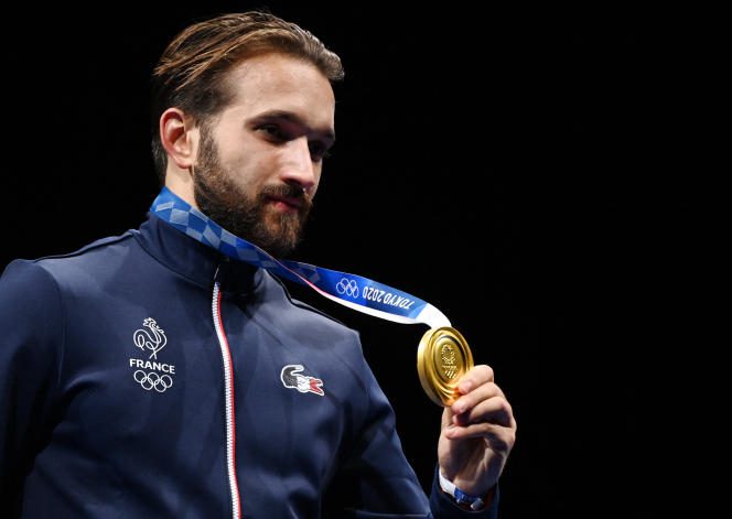 Frenchman Romain Cannone, gold medalist in the men's individual epee, during the Tokyo 2020 Olympic Games, at the Makuhari Messe Hall in Chiba, Japan, on July 25, 2021.