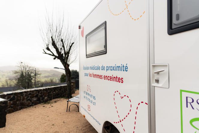 The Opti'soins bus, a mobile pregnancy monitoring unit dependent on the Clermont Ferrand University Hospital, on the church square in the village of Monteil (Haute-Loire), January 13, 2023.