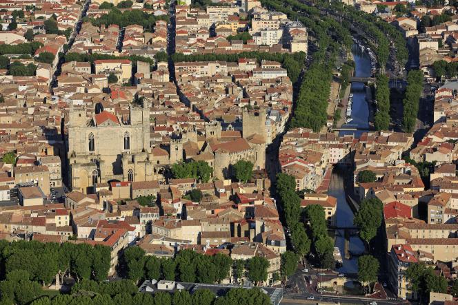Aerial photo of Narbonne (Aude), a city crossed by the Robine canal, listed as a UNESCO World Heritage Site.