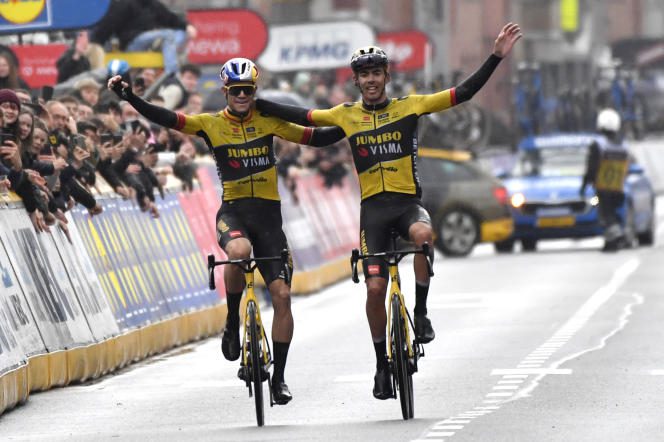 Frenchman Christophe Laporte (right) and his leader at Jumbo-Visma, Belgian Wout van Aert at the finish of the Ghent-Wevelgem race, in Belgium, Sunday March 26.