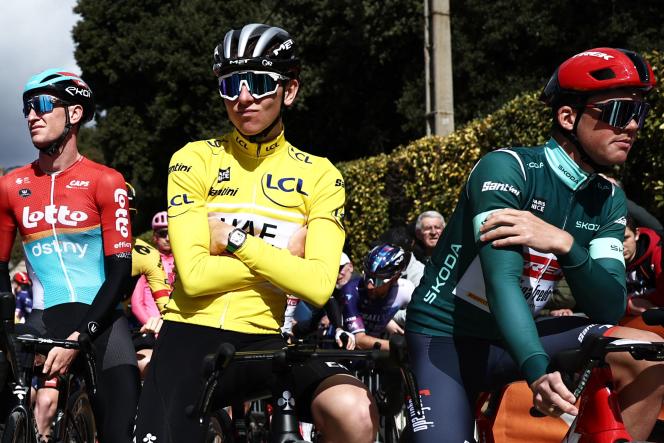 Several cyclists, including the yellow jersey Tadej Pogacar, participating in the sixth stage of Paris-Nice between Tourves and La Colle-sur-Loup, Friday March 10, 2023.  