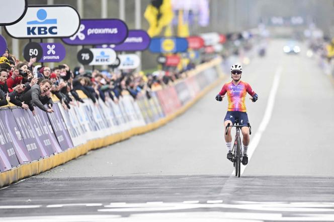 Belgian Lotte Kopecky at the finish of the women's Tour of Flanders, in Oudenaarde, April 2, 2023. 