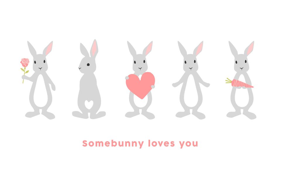 Easter greetings: five rabbits in a row and the lettering underneath "Somebunny loves you"