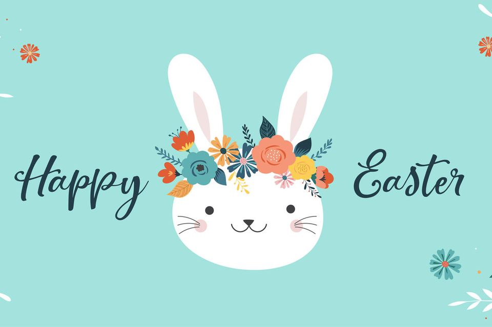 Easter greetings: graphic of a rabbit with a wreath of flowers