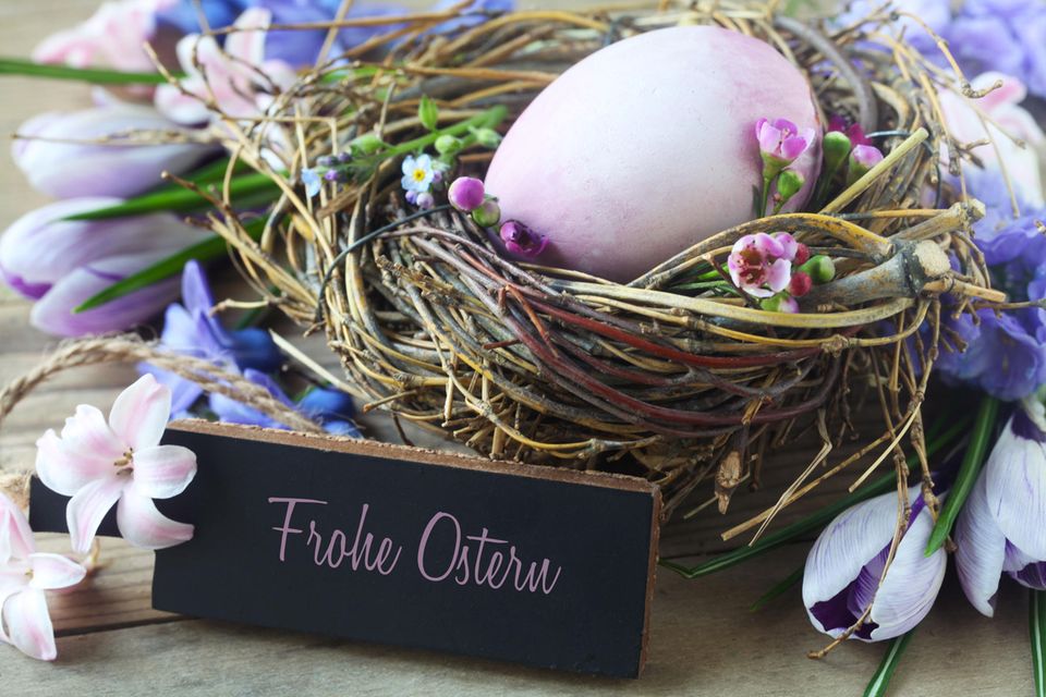 Easter greetings: Easter nest with an egg and flowers