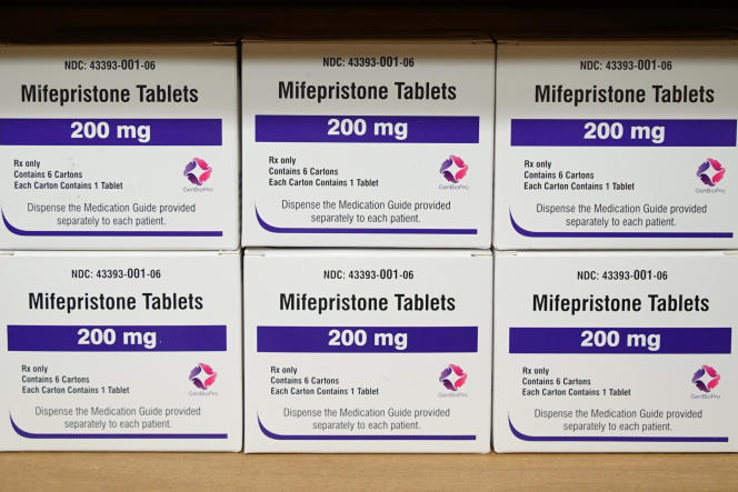 Boxes of mifepristone on a counter, March 16, 2022.